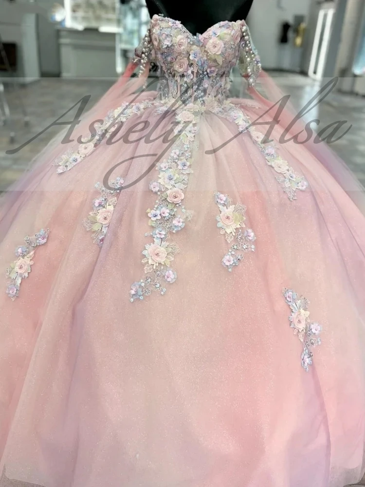 Real Pictire-vestido De baile rosa para mujer, ropa De baile, hombros descubiertos, apliques De perlas, falda hinchada grande, 15 Quinceañera 16