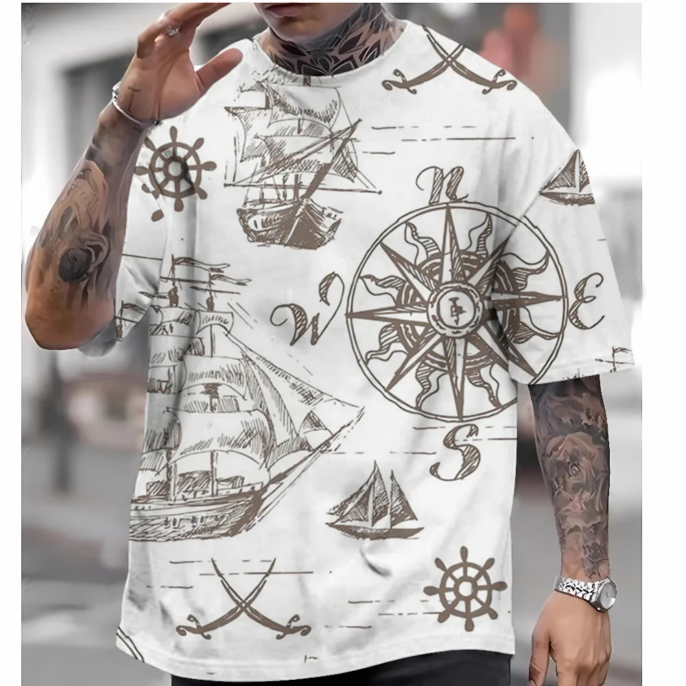 

T-Shirt Summer 2024 Retro Men's Fashion Short Sleeve 3d Printed Sailing Men's Clothing T Shirt For Men Vintage Casual Tops Daily