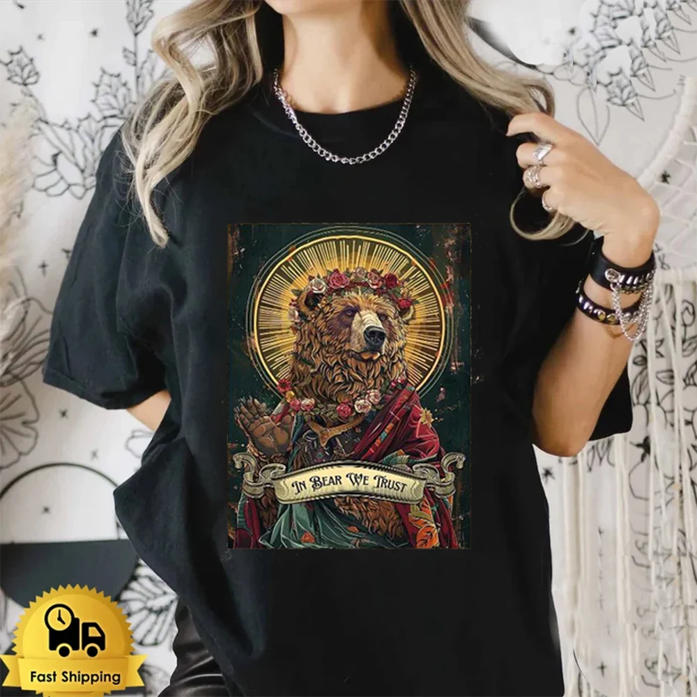 In Bear We Trust Active Graphic Women's T-Shirt Vintage Soft Summer Short Sleeve Horror Funny Retro Printed Fashion Top