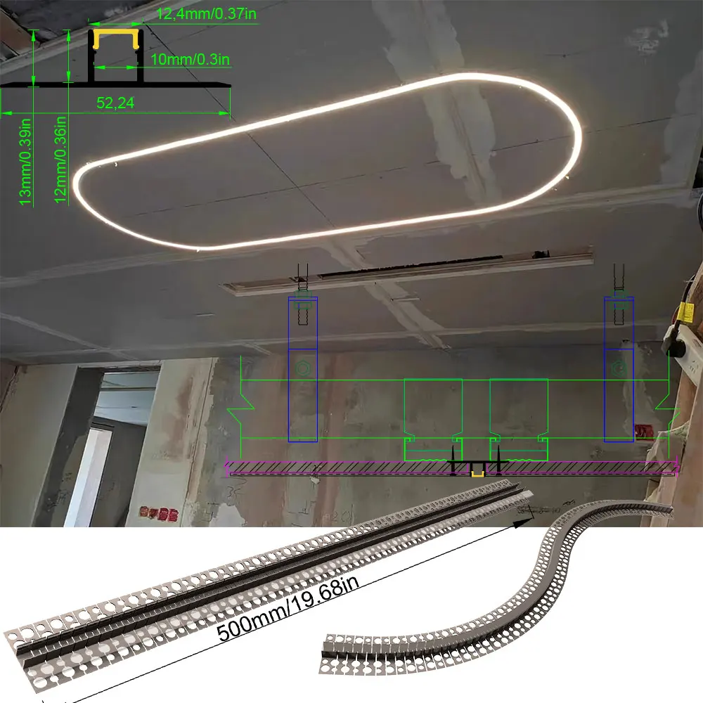 52 × 13mm 0.5M wbudowane aluminiowe światło listwa profilowa LED odpowiednie do montażu w nieregularnych przestrzeniach łukowych na sufitach i