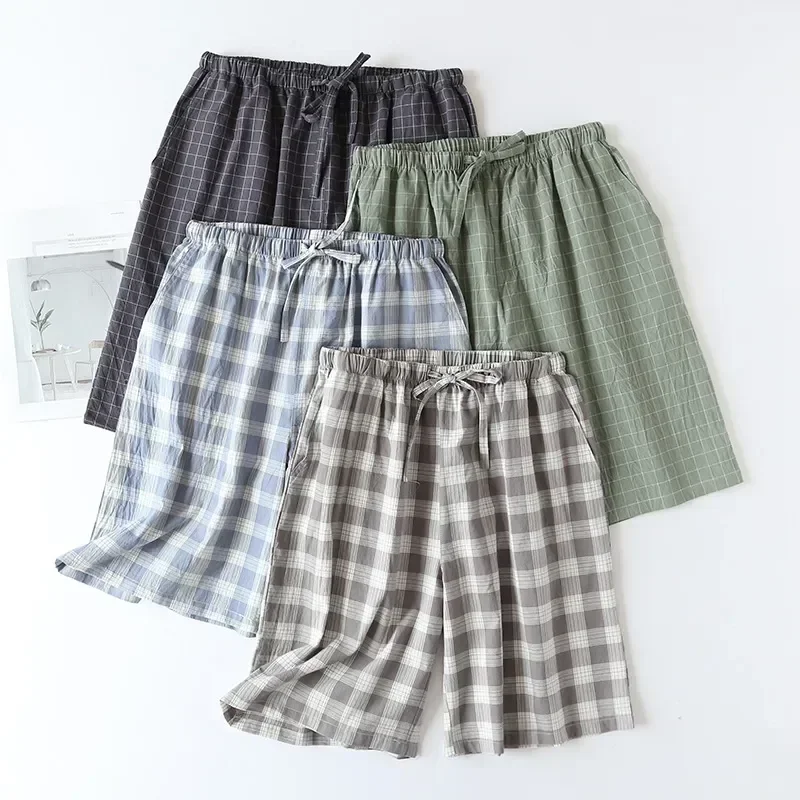 Double-layer Lounge Summer For Pj Thin Cotton Sleepwear Homewear Plaid Pants Wear Checkered Men Shorts Pajama Loose Design