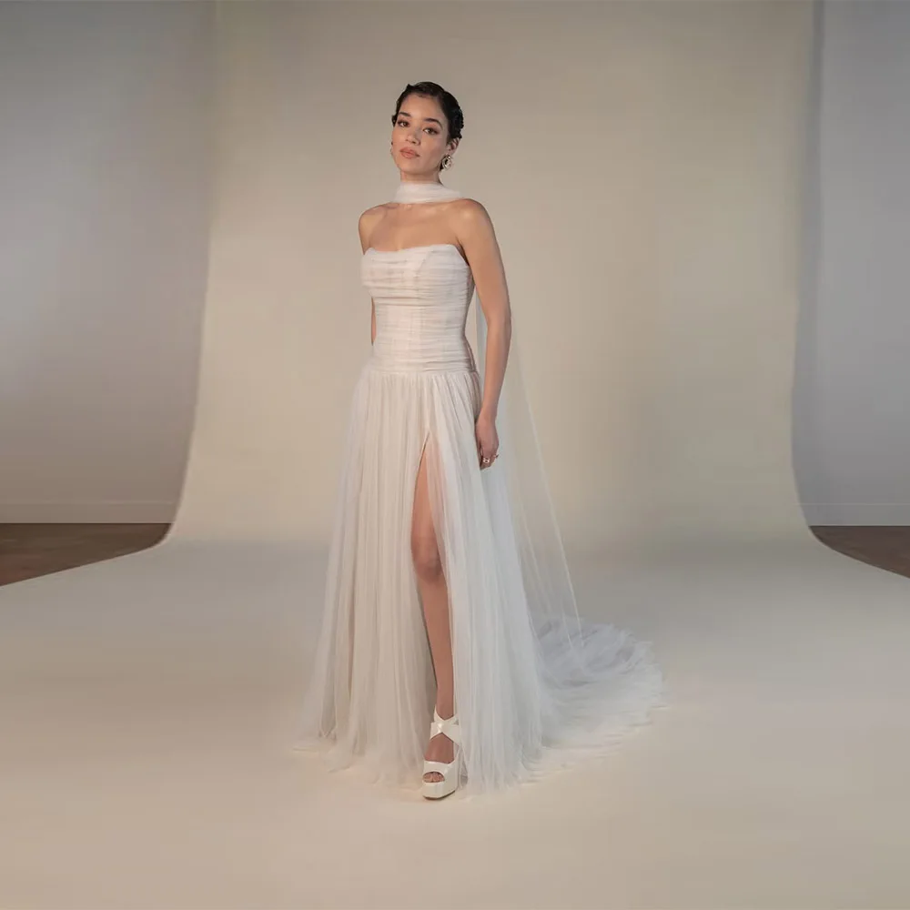 Customized Elegant A-line Tulle Wedding Dress Strapless with scarf Backless Customized Bohemian Bridal Gown vestido de novia