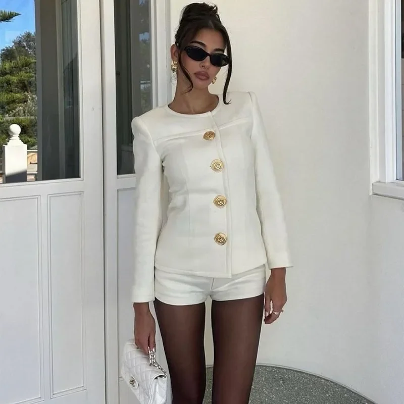 Talenza White Shorts 2 Piece Set Women\'s O Neck Long Sleeve Button Up Jacket High Waist Slim Pants Set Elegant Party Club Outfit