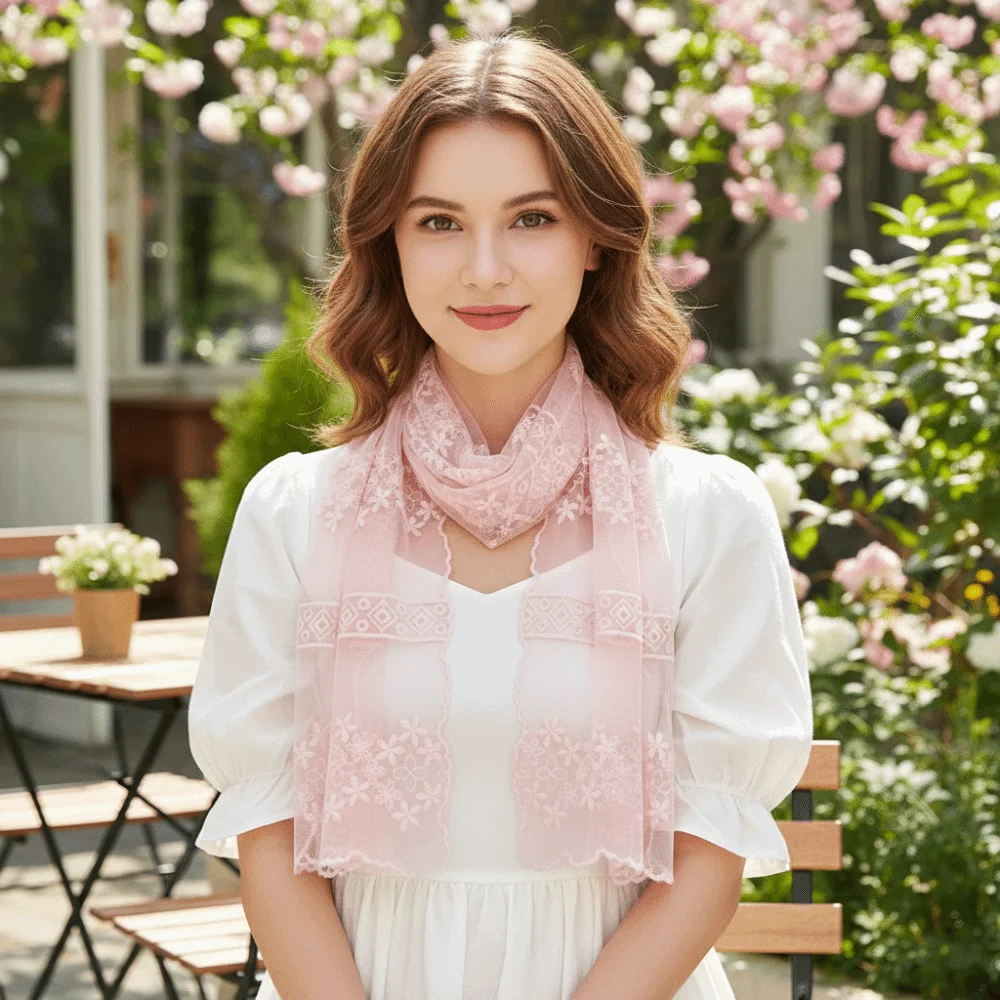 Fashion Ribbon Embroidery Lace Scarf Printed Korean Style Flower Scarf Neckerchief Multifunction Lace Scarves Dress Decor