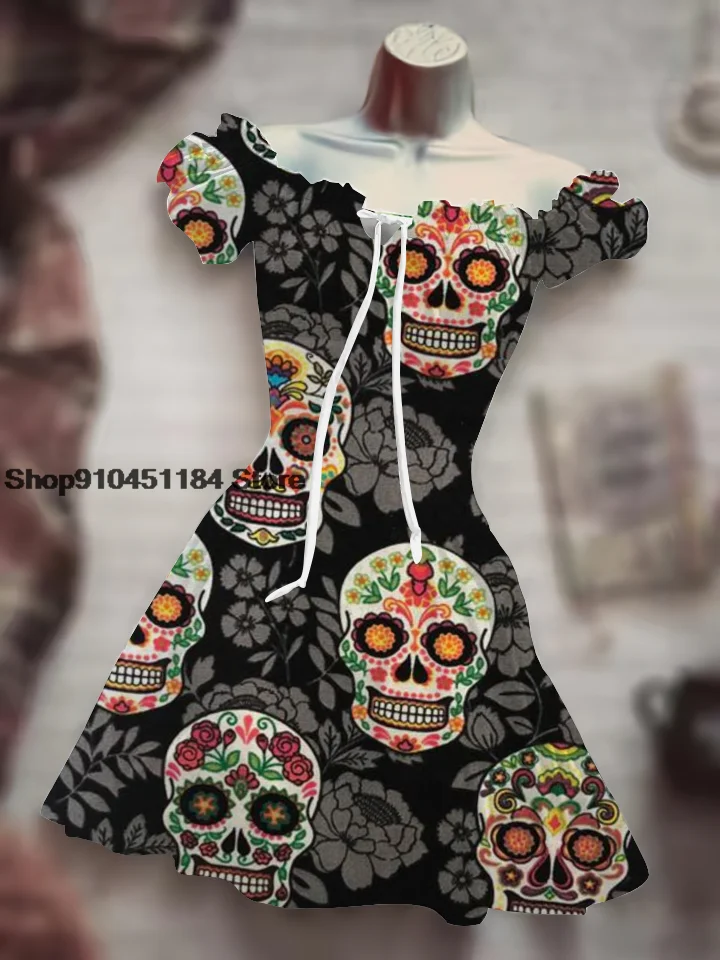 Women 3D Printing Fashion Vacation Clothing 2022 Summer Elegant Square Collar Skull Short Dress Hawaiian Boho Rose Night Costume