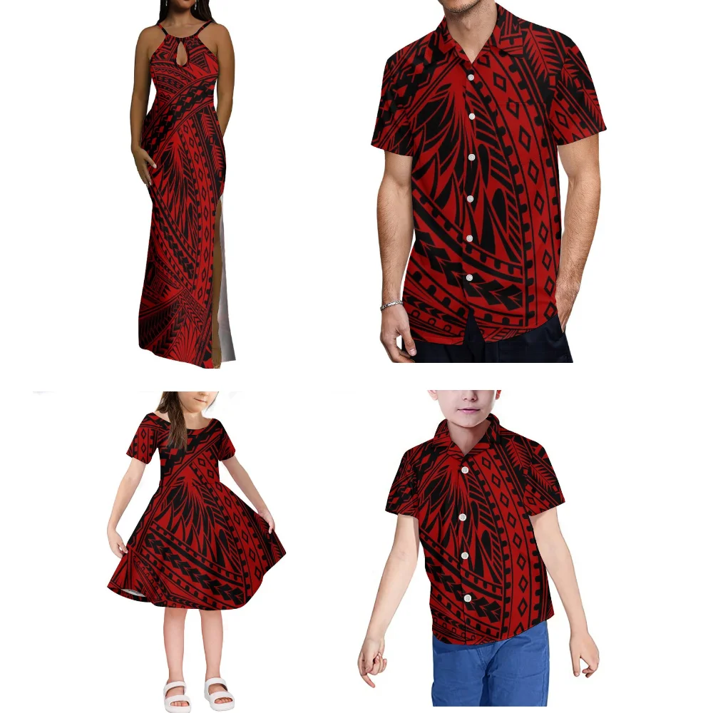 

Ladies' Floor-Length Evening Dress Polynesian Island Cocktail Party Long Dress Girls' Dress Red Family Suit Men'S Shirt Boy Top