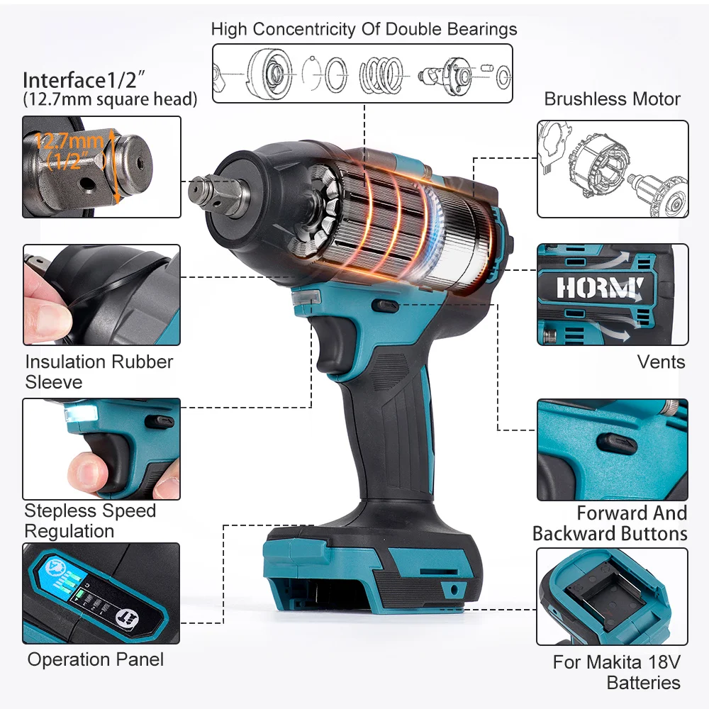 Hormy 1/2in brushless electric wrench 600N. m two speed adjustable car maintenance electric tool for Makita 18V lithium battery