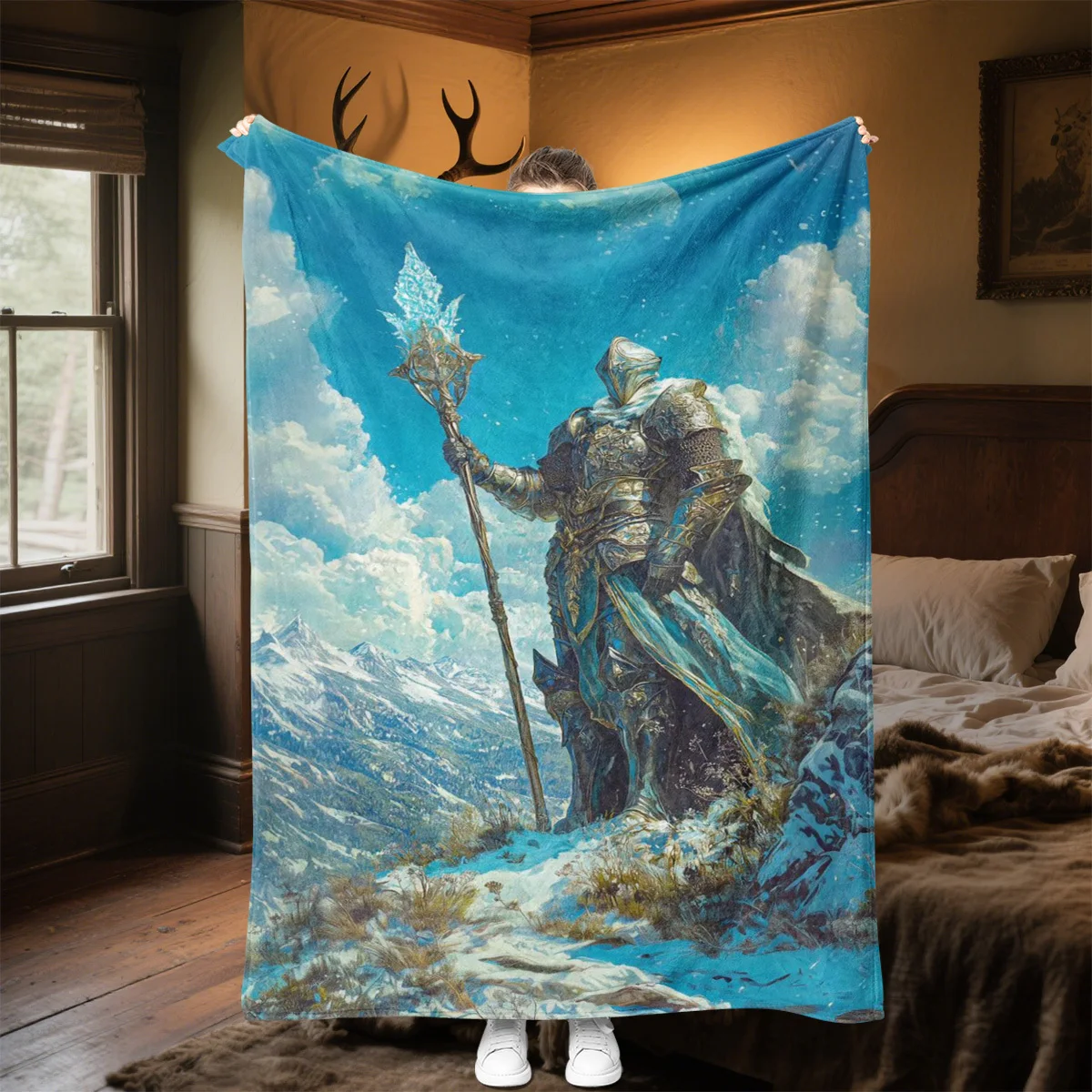 Fantasy Medieval Knight With Magic Staff Snow Mountain Scenery Print Flannel Blanket Soft Lightweight Throw Blanket