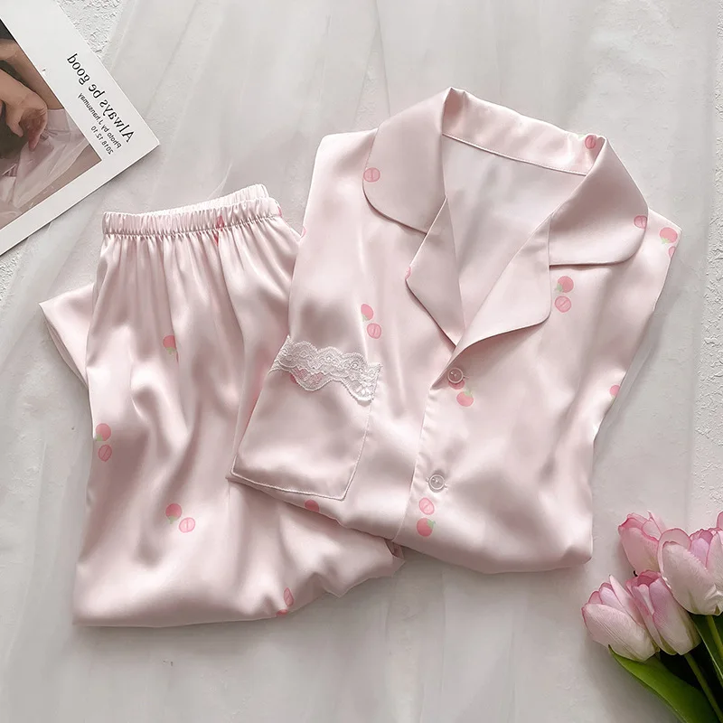 Sweet Lace Trim Satin Pajama Set Short Sleeve Long Pants Homewear Sleepwear
