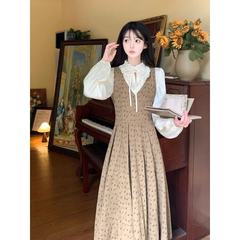 Women French Floral Print Two Piece Set Corduroy Vest Dress Ruffle Blouse Long Maxi Dress For Autumn Winter