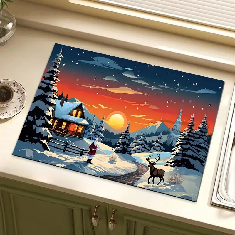 VIKAMA Christmas Winter Snow Scene Dish Rack Mat, Coffee Maker Absorbent Quick-Dry Mat, Kitchen Countertop Home Decor