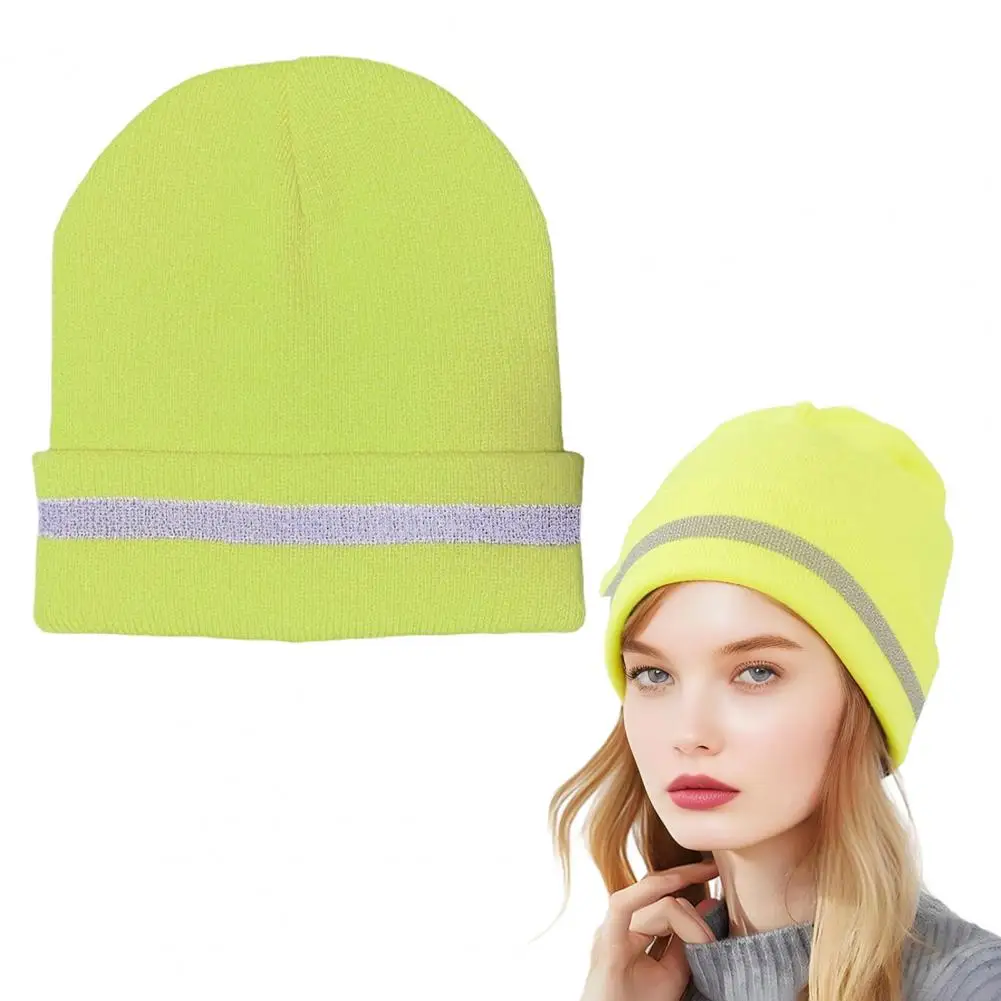 Reflective Detail Hat Knitting Hat with Reflective Strip Warm Unisex Outdoor Headwear Windproof Resistance Elastic Cap Knitted