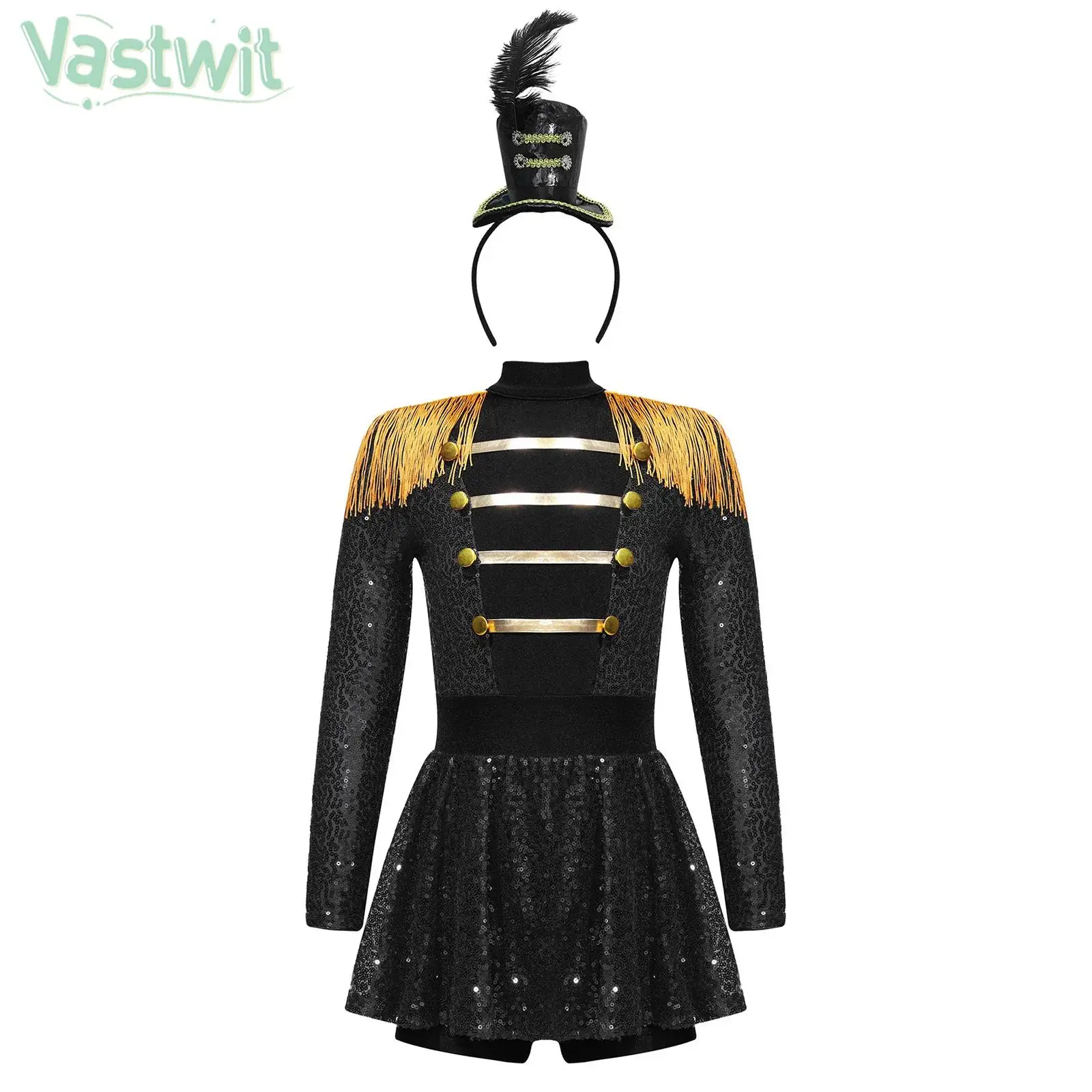 Kids Girls Carnival Party Circus Ringmaster Cosplay Performance Costume Long Sleeve Sequin Bodysuit Dress with Top Hat Headband