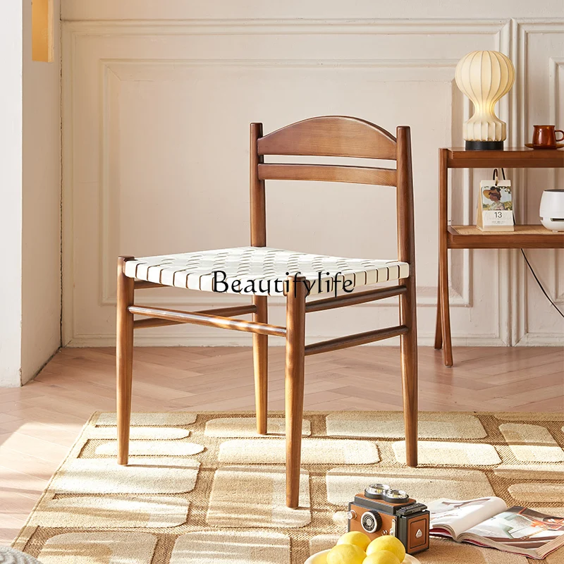 Rope Saddle Leather Dining Chair Household Wooden Lounge Chair