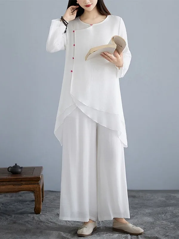 

Casual Style Women's Yoga Clothes Linen Wide Leg Two-Piece Set Summer New Fashion Artistic Pure Color Top Bottom Ensemble