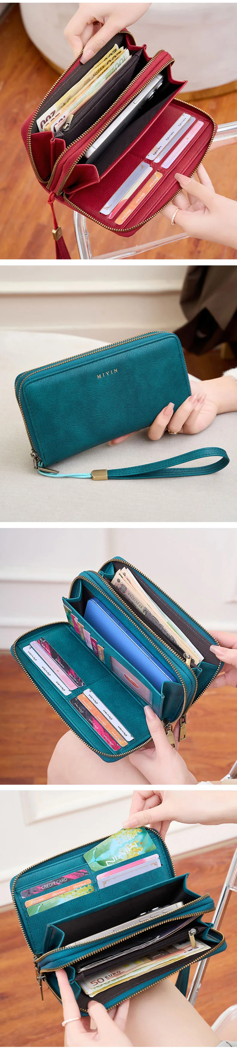 MIYIN Damen-Geldbörse, RFID-Abschirmung, Doppelreißverschluss, Damen-Clutch, Retro, minimalistisch, multifunktional, mit mehreren Kartenfächern, Kartenhalter – Detail 7
