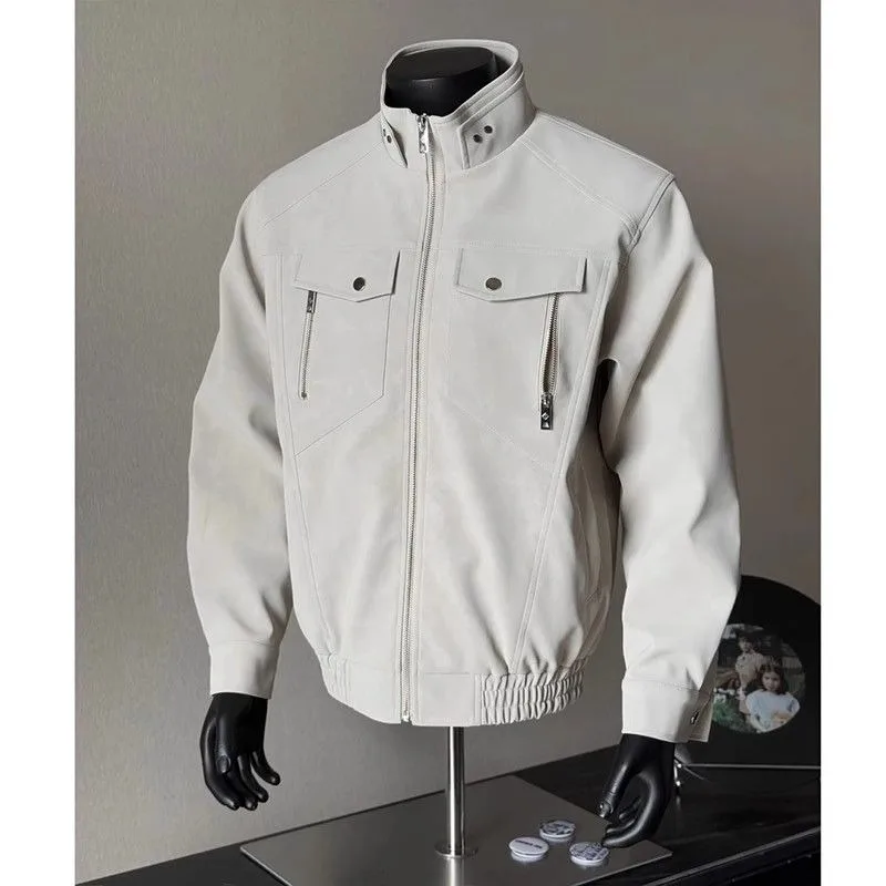 

Men's Bla Leather Jaet Oversized Fit Stand Collar Pilot Workwear Autumn Winter Coat Youth Outdoor Polyester Fiber Long Sl...