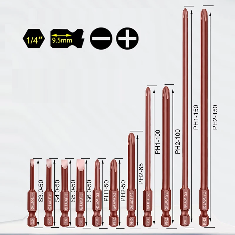 LAOA 1pc Screwdriver Bit S2 Alloy Steel Bit for Electric Screwdriver Hand Drill With Magnetism Phillips Bit Slot type