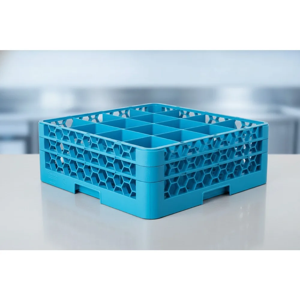 

16-Compartment Glass Dishwasher Rack with Extenders, Tilted for Drainage, Blue - Ideal for Restaurants & Home Kitchens