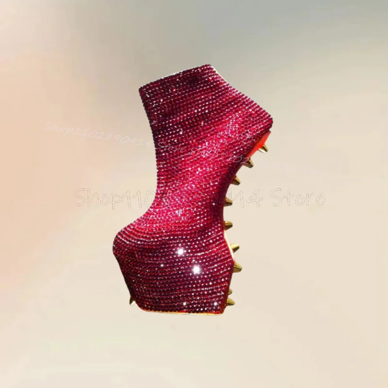 Red Rhinestone Rivets Strange Style Heels Platform Boots Back Zipper Women Shoes Fashion Feast Runway 2024 Zapatos Para Mujere