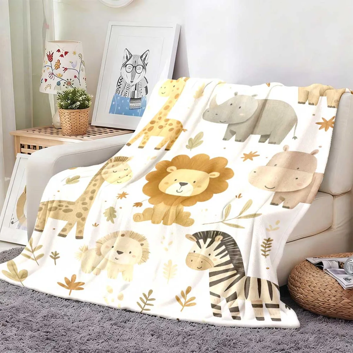 Cute Watercolor Jungle Animal Lion Giraffe Zebra Tiny Leaf Plain White Base Fleece Blanket Cozy Throw For Bed Travel Dorm Baby