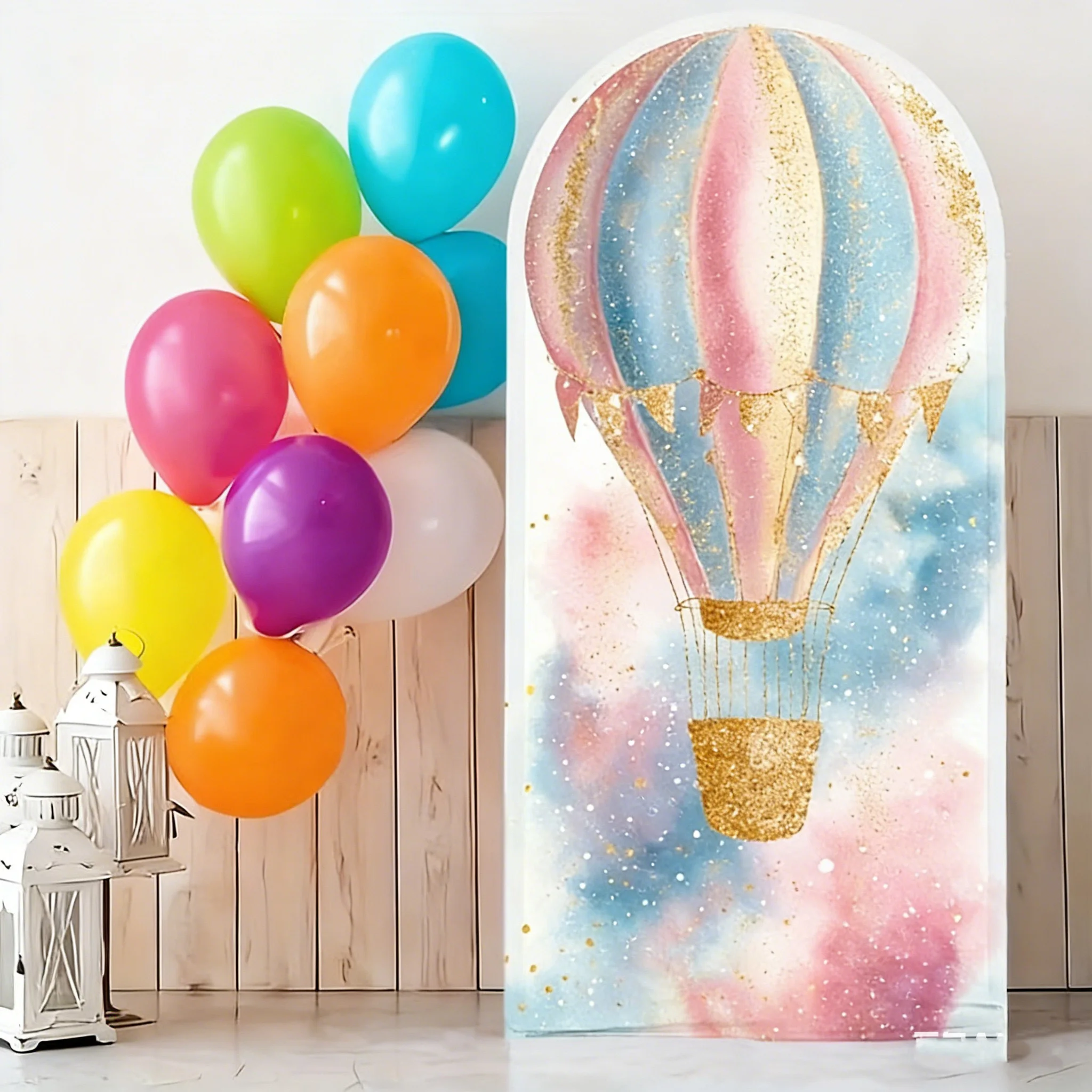 

Custom 2-sided Golden Glitter Hot Air Balloon Backdrop Shiny Dots Rainbow Happy Birthday Cake Table Photo Background Arch Cover