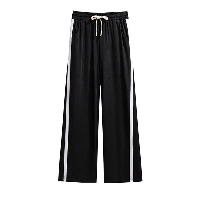 155Kg Plus Size Women\'s Loose Straight Wide Leg Trousers Hip 150 High-Waisted Striped Pants Black 5XL 6XL 7XL 8XL 9XL