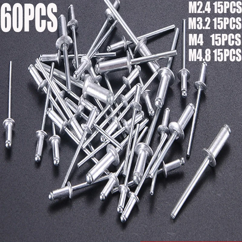 

60pcs Pop Rivets Aluminium M2.4 M3.2 M4 M4.8 Dome Head Blind Rivets Steel Shank Mandrel Exhaust Rivets