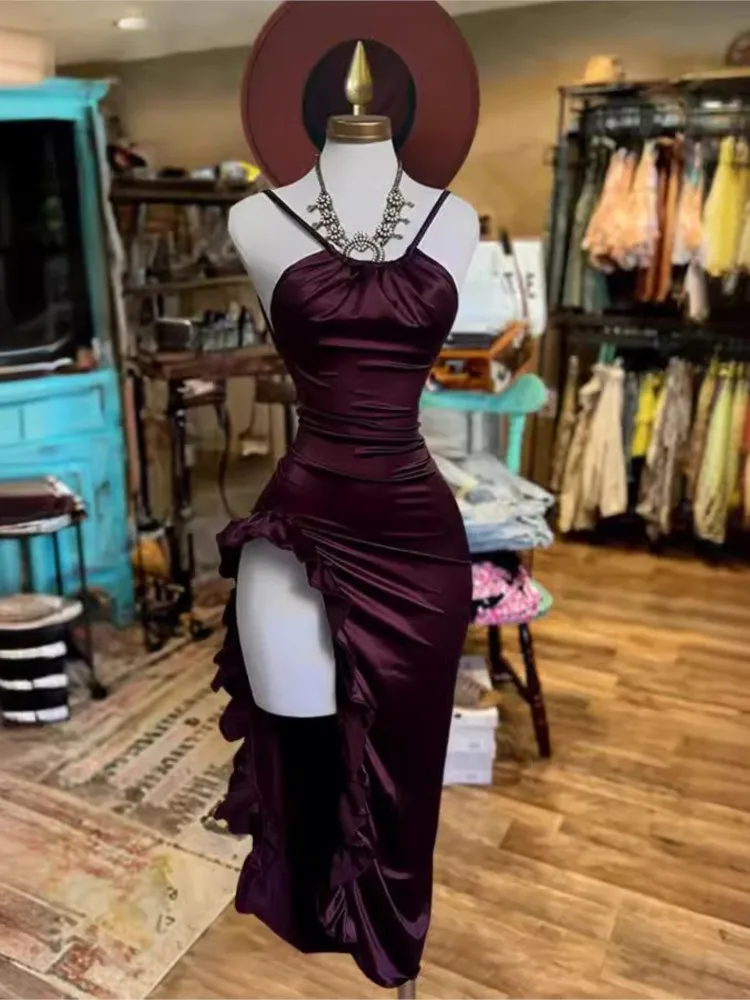 

Solid Color Dresses Spaghetti Straps High Slit Tight Y2K Sexy Backless Hottie Robe Party Prom Nightclub Club Wedding Vestidos