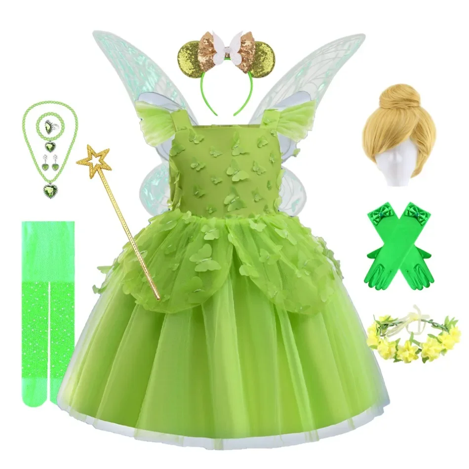 Carnival Girls 3D Butterfly Elf Green Fairy Princess Dress Tinkerbell Dress Children's Christmas Birthday Party Makeup Ball Gown