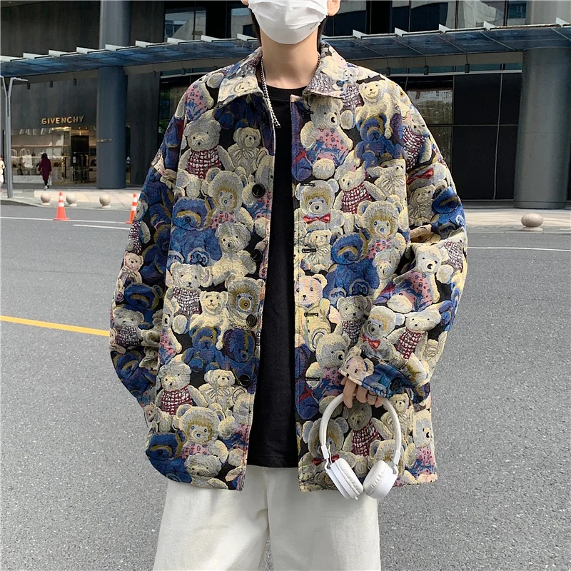 

Casual Bear Print Jacket Men's Stylish Loose Fit Collared Casual Outerwear High Street Design Spring Fashion Teenage Style