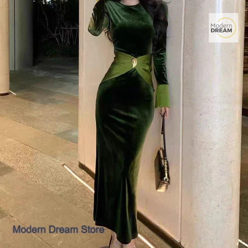 Korean black design palace style dress women's spring and autumn new fashion covered meat stitching velvet temperament skirt