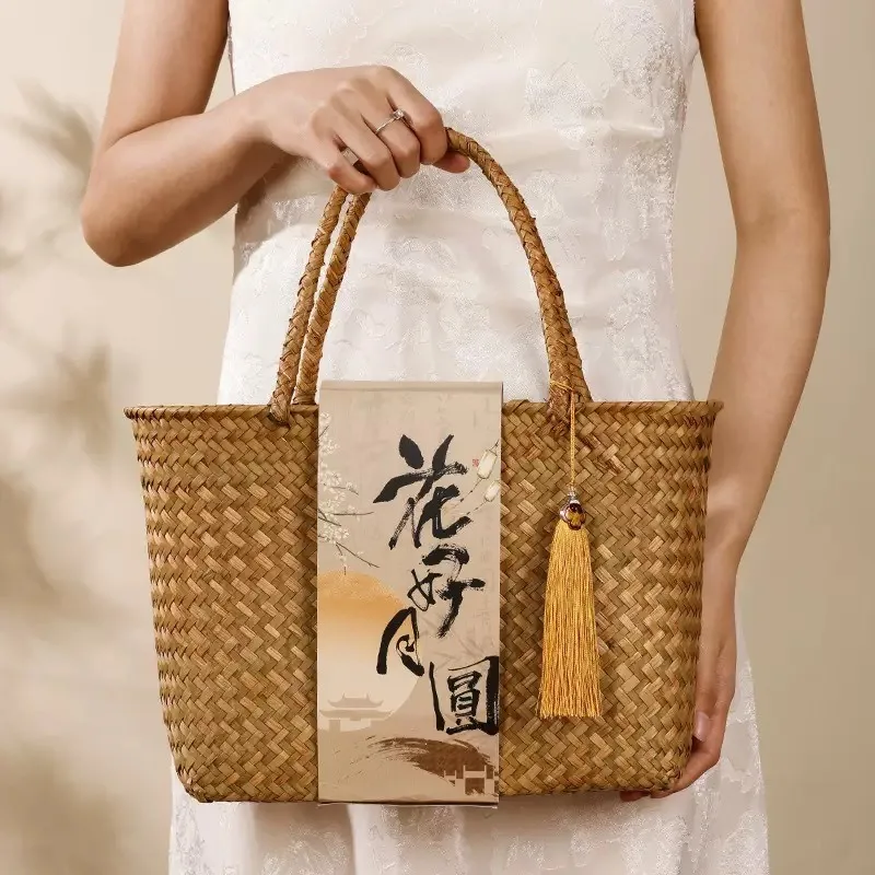 القش حقيبة من القماش حقيبة يد تخزين مهرجان منتصف الخريف واليوم الوطني هدية سلة التخزين الإنترنت المشاهير هدية سلة محمولة