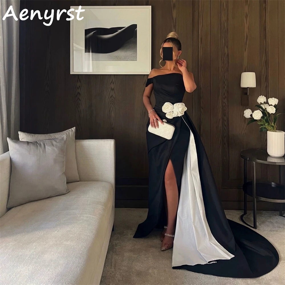 

Aenryst Black One Shoulder 3D Flowers Evening Dresses Mermaid Satin Split Prom Dress Floor Length Dinner Party Gowns For Women