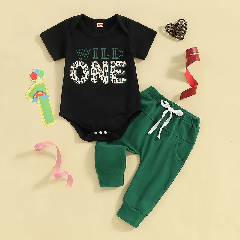 Infant Baby Boy First 1st Birthday Outfit Short Sleeve Romper Pants Set Boy Wild One Birthday Outfit