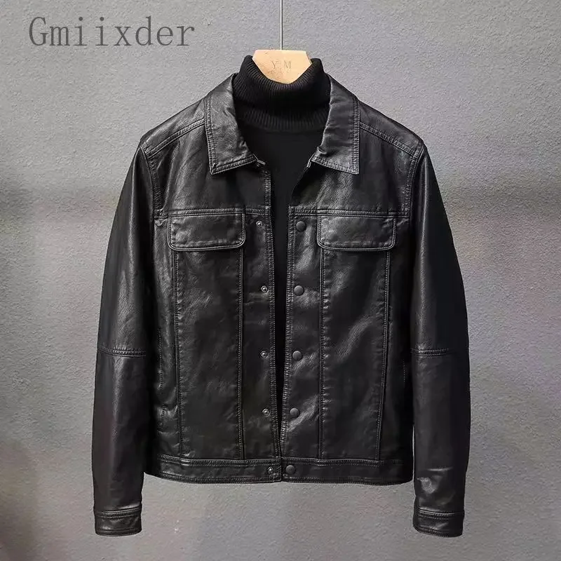 Gmiixder Leather Jacket Men's Autumn And Winter Korean Coat Slim Handsome Leather Coat Casual Lapel Motorcycle Trend Youth