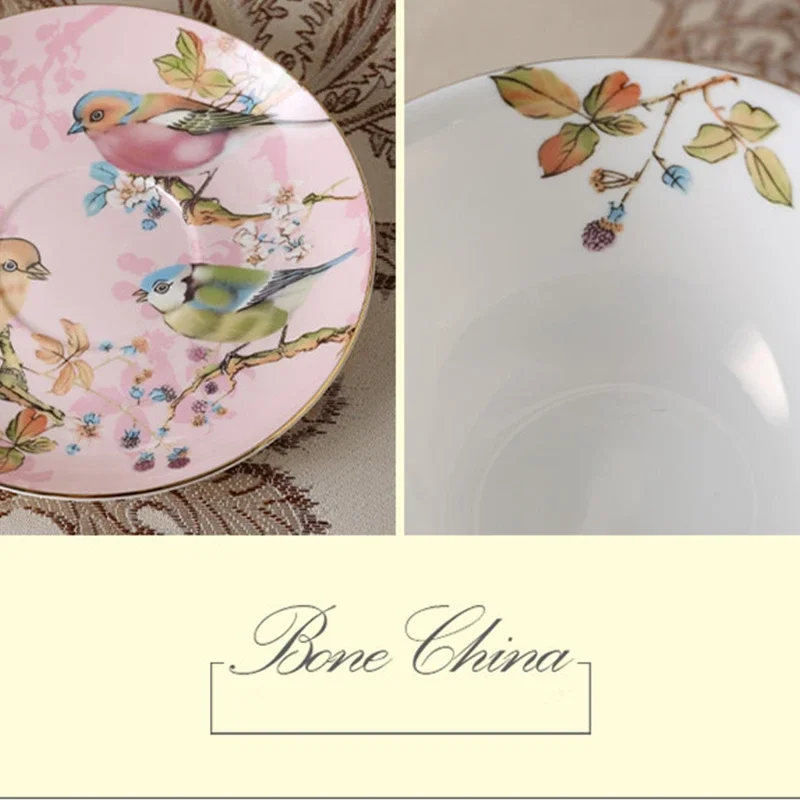 European Coffee Cup Set Pink Flower Bird Creative Ceramic Gold Rim Bone China Tea Cup & Saucer Set with Spoon Beautiful Gift