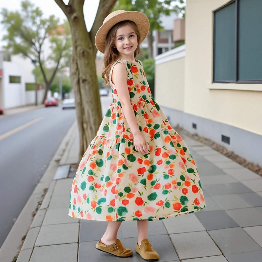 Girls Summer Dress  Sweet Sleeveless Beach Vacation Sundress Fashion Printed Long Princess Gown for Kids Casual Maxi Dress 10 Y