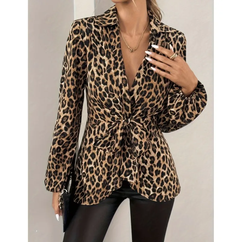 패션 신상 레오파드 프린트 레이스업 셔츠 탑 여성 가을 캐주얼 브이넥 긴팔 오피스웨어 오피스 레이디 파티 블라우스 2025