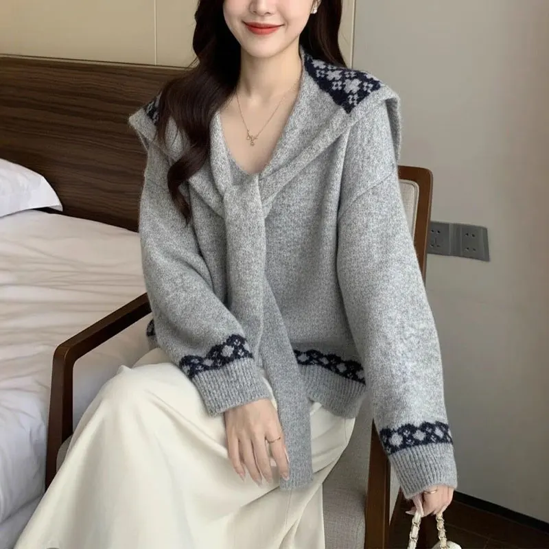 Two Piece Set Drawstring Shawl Pullovers Knitted Autumn Winter New Korean V-Neck Female Clothing Vintage Jacquard Weave Sweaters