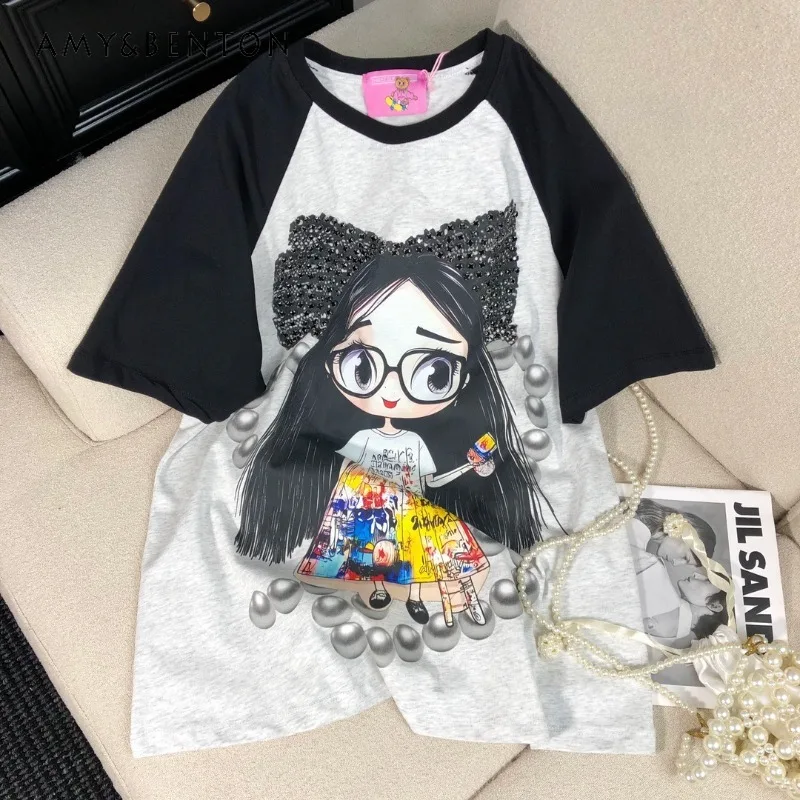 

2024 Autumn Grey Color Y2k Top Medium And Long Cat Print Long-sleeved T-shirt O-neck Casual Loose Tees Pullovers Women's Clothes