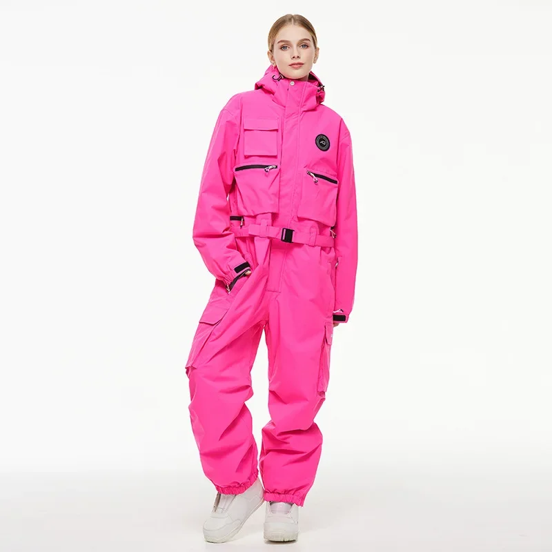 Set Ski wanita baru musim dingin 2025 Jumpsuit Ski hangat tahan angin kedap air bertudung ritsleting set Ski poliester padat antilembap setelan salju