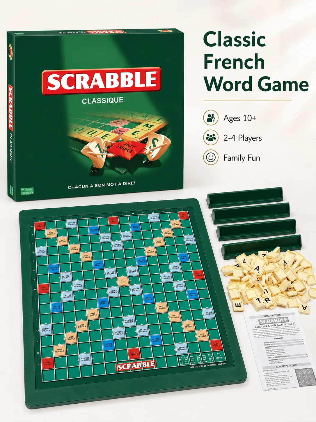 French Language Scrabble Board Game, Classic Word Puzzle Game, Educational Vocabulary Strategy Game for Family & Friends