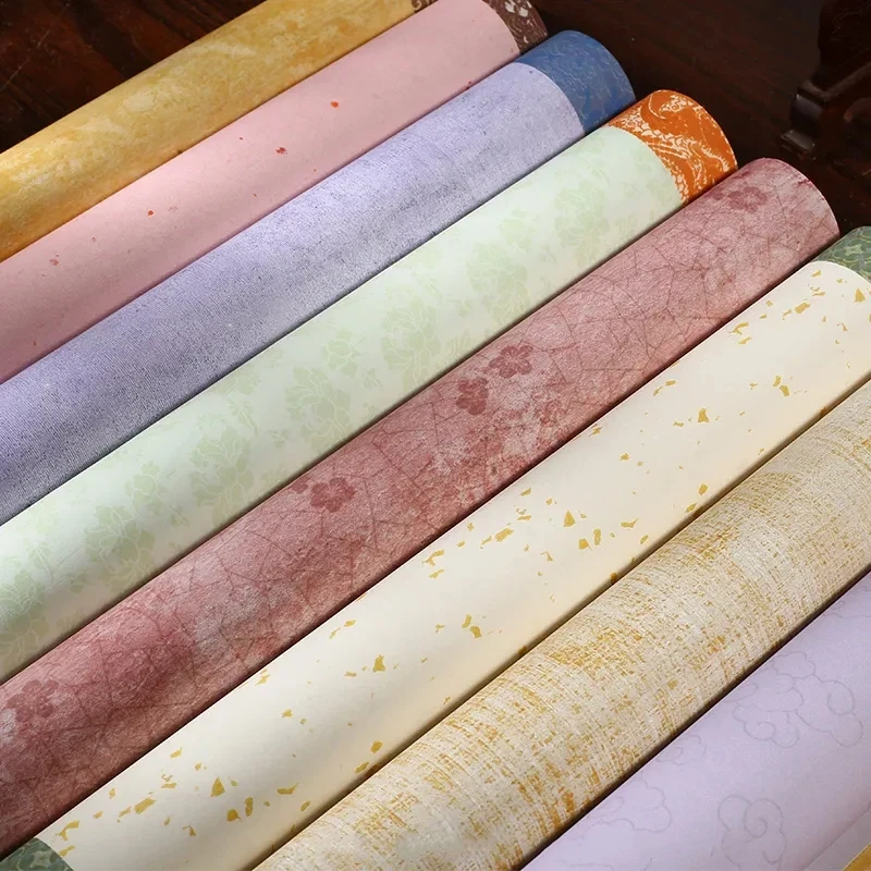 Colorful 10 Meter Long Scroll Rice Paper Half Raw Half Cooked Xuan Paper Wax Print 34cm Wide Grid for Calligraphy Art Supply