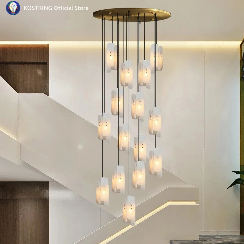 American LED Full Copper Marble Chandelier Suitable for Staircase Living Room By The Bedside Pendant Lamp Home Design Fixture