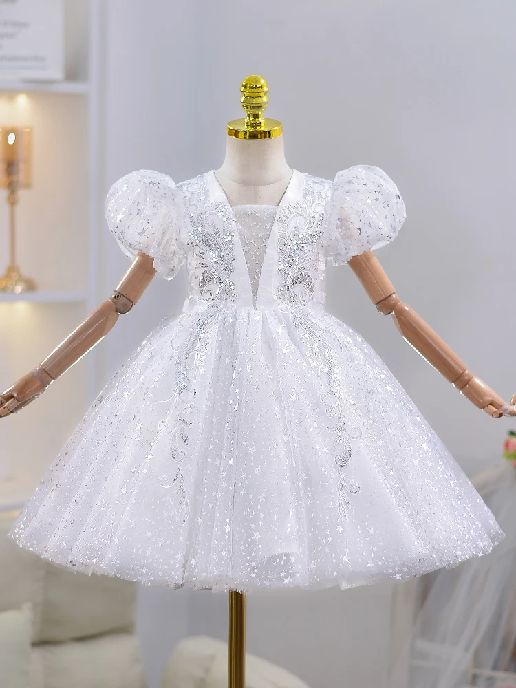 Girls' dress, high-end and trendy birthday, children's light luxury, host princess dress, summer dress, white performance dress