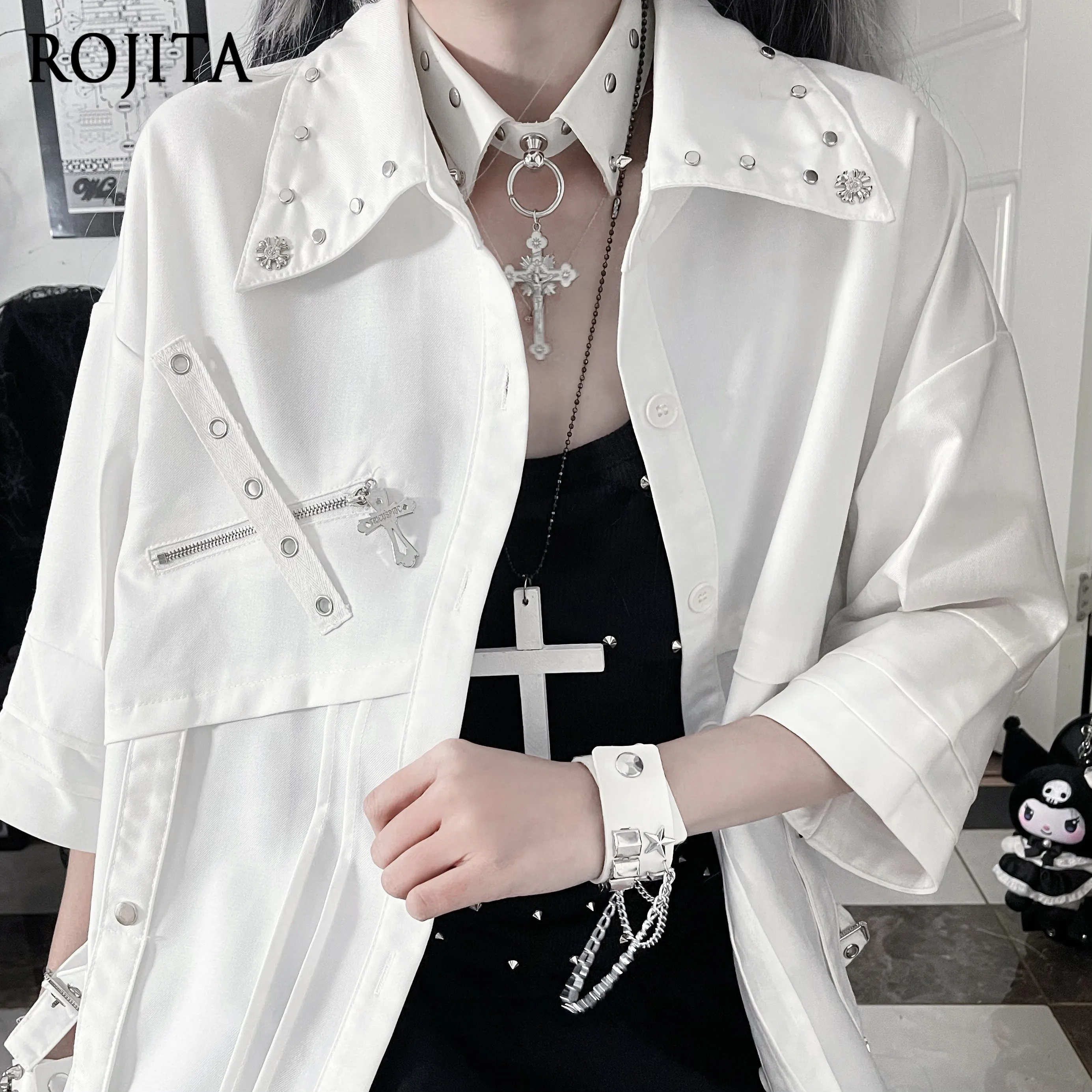 

White Short Sleeve Shirt Deconstructed Design Sense Tie Metal Versatile Shirt Single-Breasted Black Shirt Women Tops