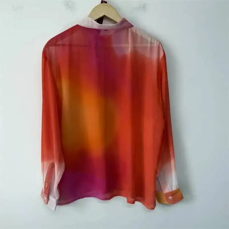 Men Gradient Sun Print Sheer Chiffon Shirt Streetwear Half-See-Through Loose Fit Casual Trendy Niche Male Shirts ZD36