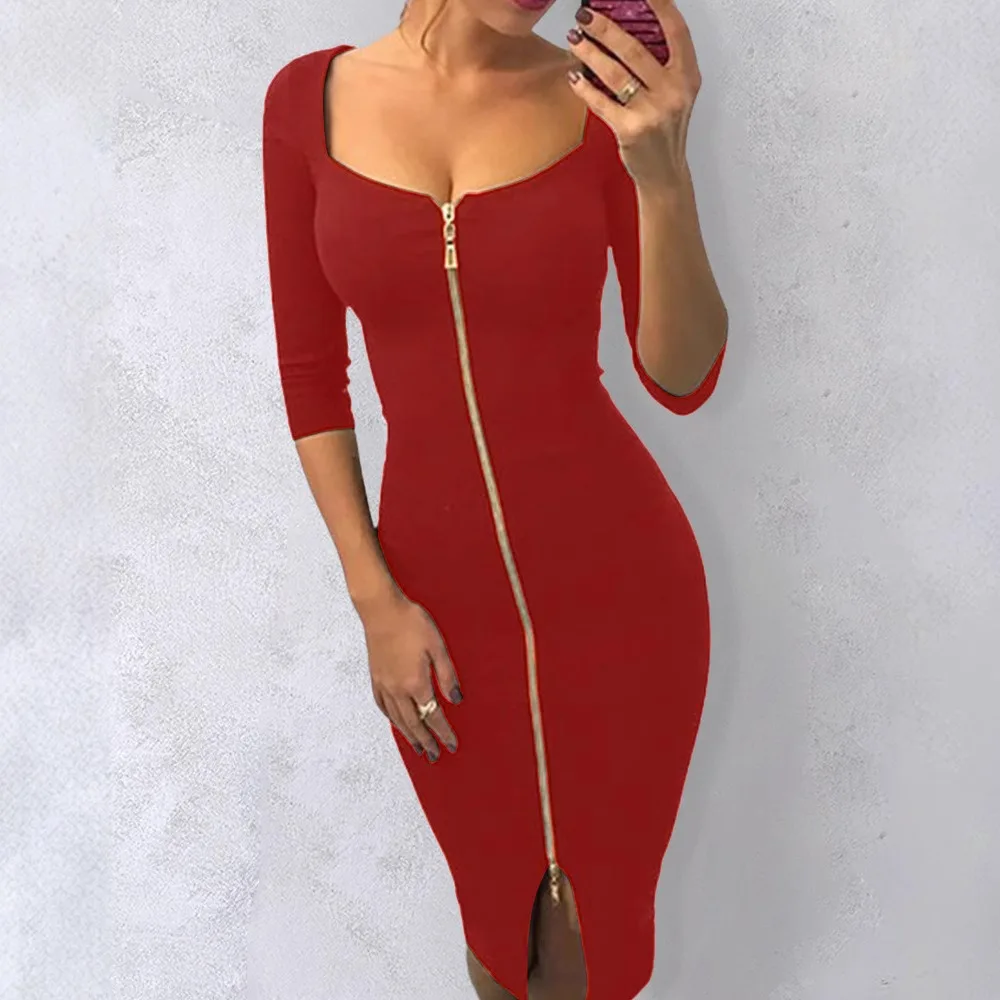 Summer Women Sexy Slim Wrap Dress Fashion Tight Skirts Square Neck Patchwork Zipper Solid Color Slim Fit Half Sleeve Party Dress