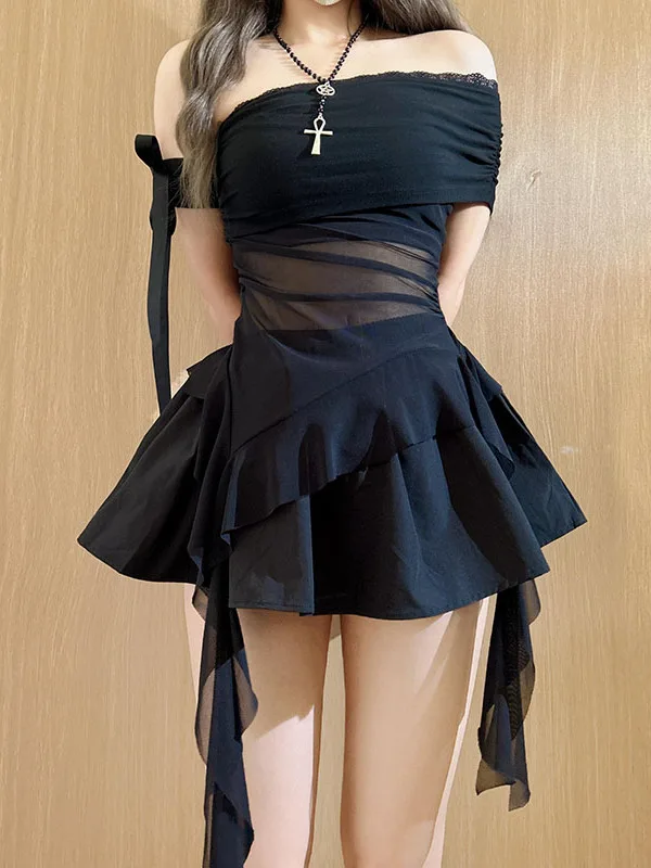 الرغبة النقية مثير ort Sve غير المتكافئة كشكش لي أعلى Bla عالية الخصر منتفخ تنورة المرأة قطعتين مجموعة الدانتيل تقليم سليم صالح #2